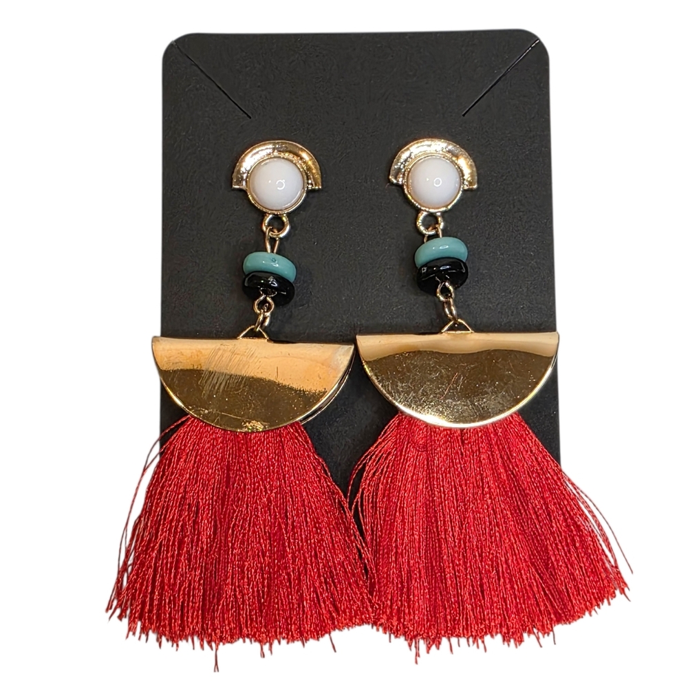 Long Beaded Red Orange Tassel Earrings Classic Oversized Boho Fashion Jewelry - Picture 3 of 6